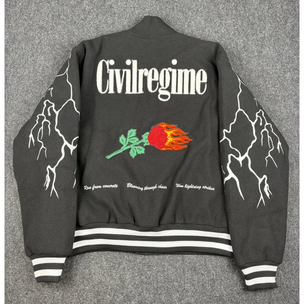 Civil Regime Black Lightning Flaming Rose Varsity Bomber Jacket Mens Large NWT